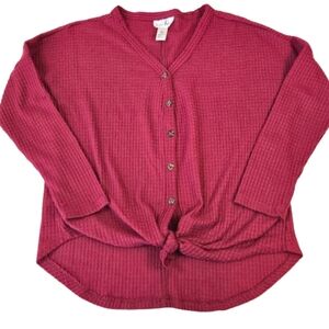 Just Be Waffle Knit Tie Front Button Top Small